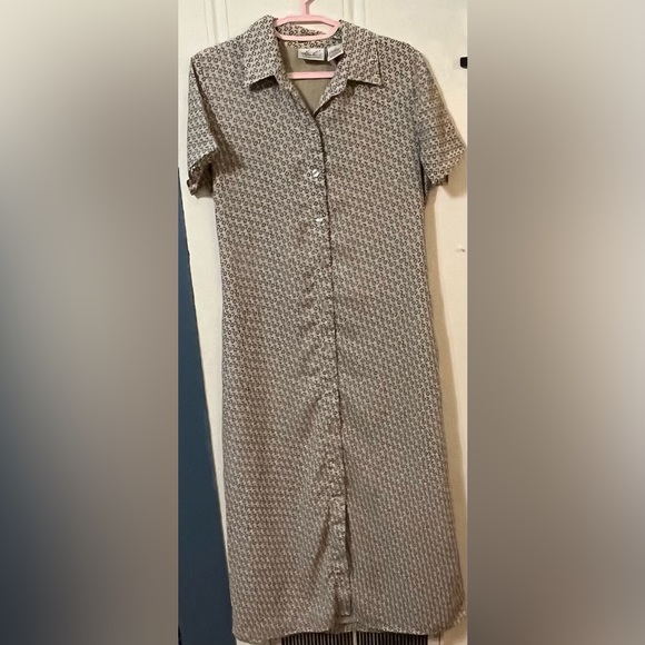 Button Up Maxi Dress Tie Back Cap Short Sleeve Lines Taupe Collar Kathie Lee 12 - Picture 3 of 11